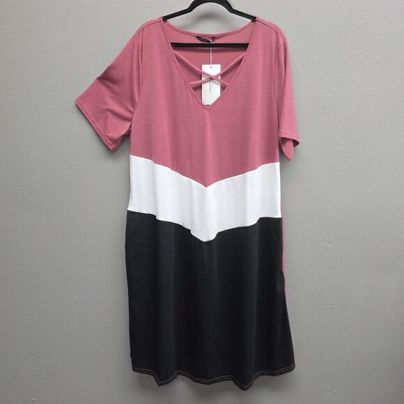 BloomChic Dress Womens 22-24 Pink White Black Colorblock V-Neck Short Sleeve - Picture 1 of 12